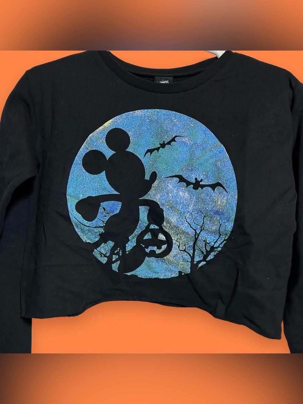 ASOS Disney Mickey Mouse Black Cropped Long-Sleeve Top with Halloween Blue Moon - Picture 2 of 3